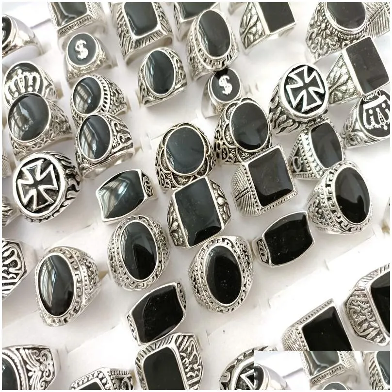 wholesale 50pcs design mix enamel silver rings for men vintage man ring retro punk alloy jewelry party favor