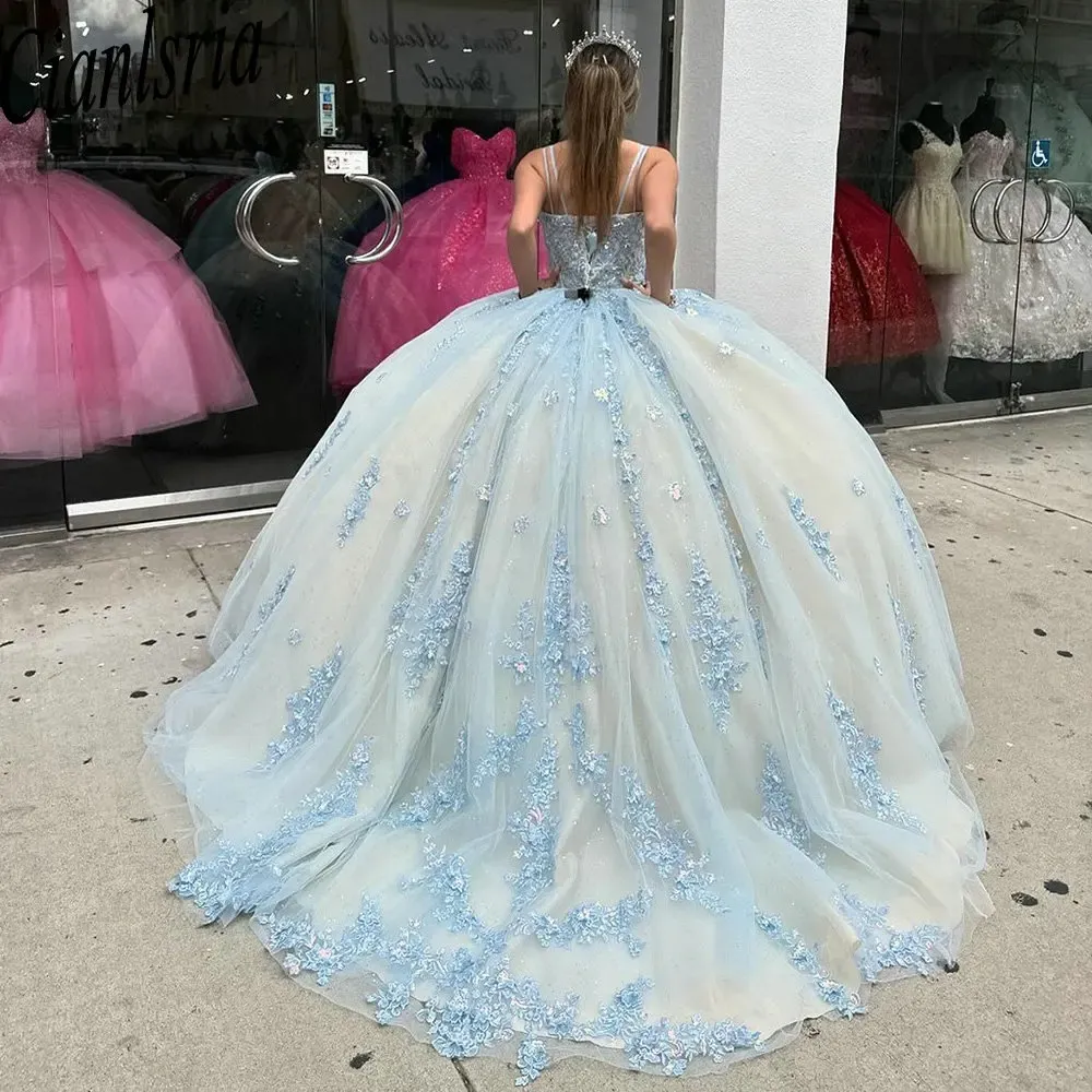 Light Blue Appliques Lace Crystal Quinceanera Dresses Ball Gown Spaghetti Strap Princess for Sweet 15 Birthday Party Wears