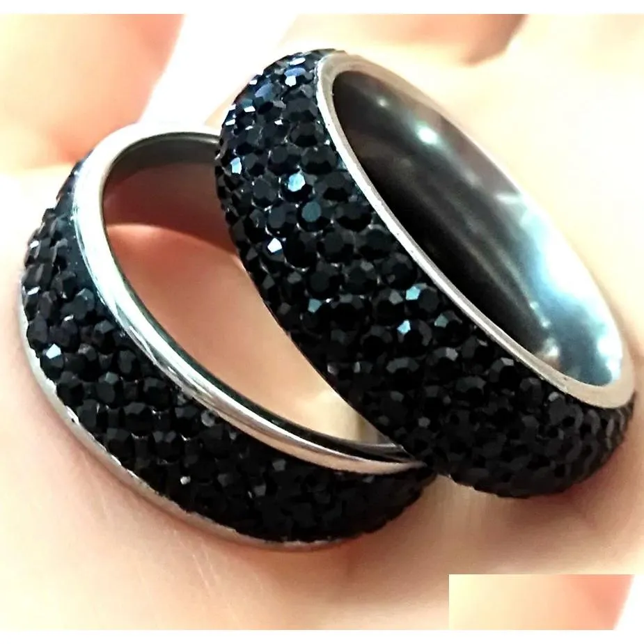 20pcs luxury black zircon stainless steel cz ring men women 3 row 5 row crystal stone wedding engagement trendy ring wholesale hot