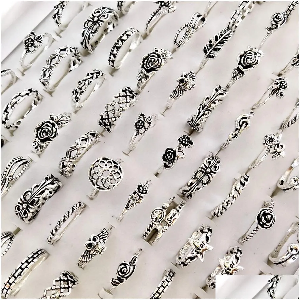 bulk lots 100pcs antique silver multi-styles mix charm ring for women vintage ladies flower bohemian finger ring retro jewelry 2021