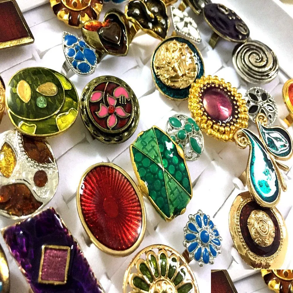 bulk lots 50pcs vintage colorful enamel alloy women rings open size bronze silver mix design assorted retro rings wholesale party