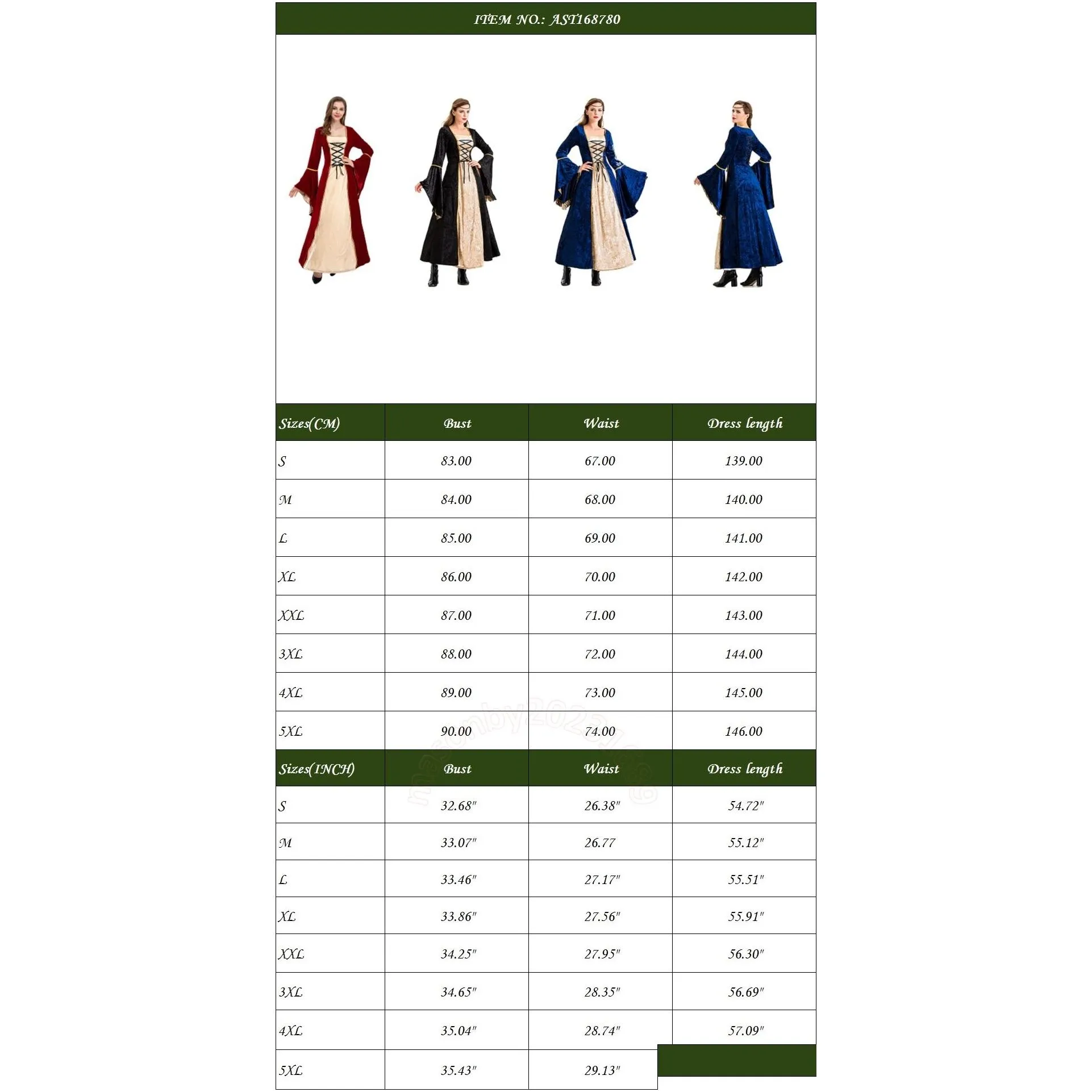 Elegant Theme Costume for Drama Stage European and American Retro Style Medieval Dress with Tie Waist and Luxurious Gold Diamond