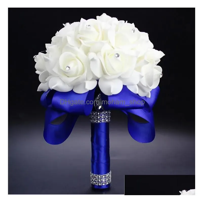 elegant rose artificial bridal flowers bride bouquet wedding bouquet crystal royal blue silk ribbon buque de noiva 6 colors8744710