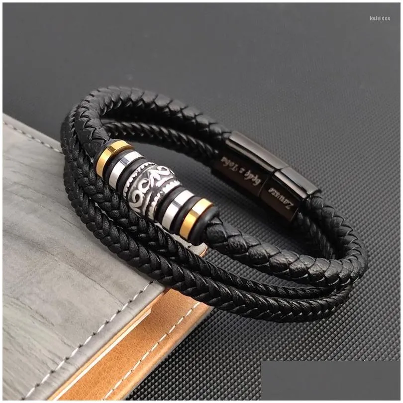 Charm Bracelets Vintage Mtilayer Genuine Leather Men Bracelet Golden Stone Bead Stainless Steel Jewelry Male Wrist Bangle Drop Delive Dhxwi