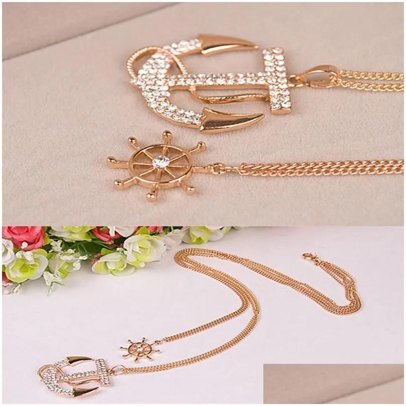 2pcs/lot fashion crystal anchor pendant necklace white navy style anchor rudder personality long necklace jewelry for women