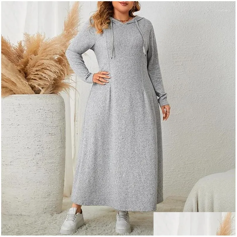 Plus Size Dresses Autumn Winter Style 3XL 4XL Women Clothing Long Sleeve Hat Solid Grey Maxi Dress Polyester Slim Hooded Casual