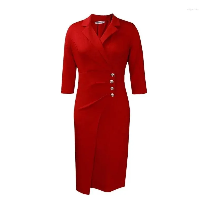 Plus Size Dresses Women Elegant Bodycon Button Three Quater Sleeves Classy Modext Office Ladies African Female Party Robes