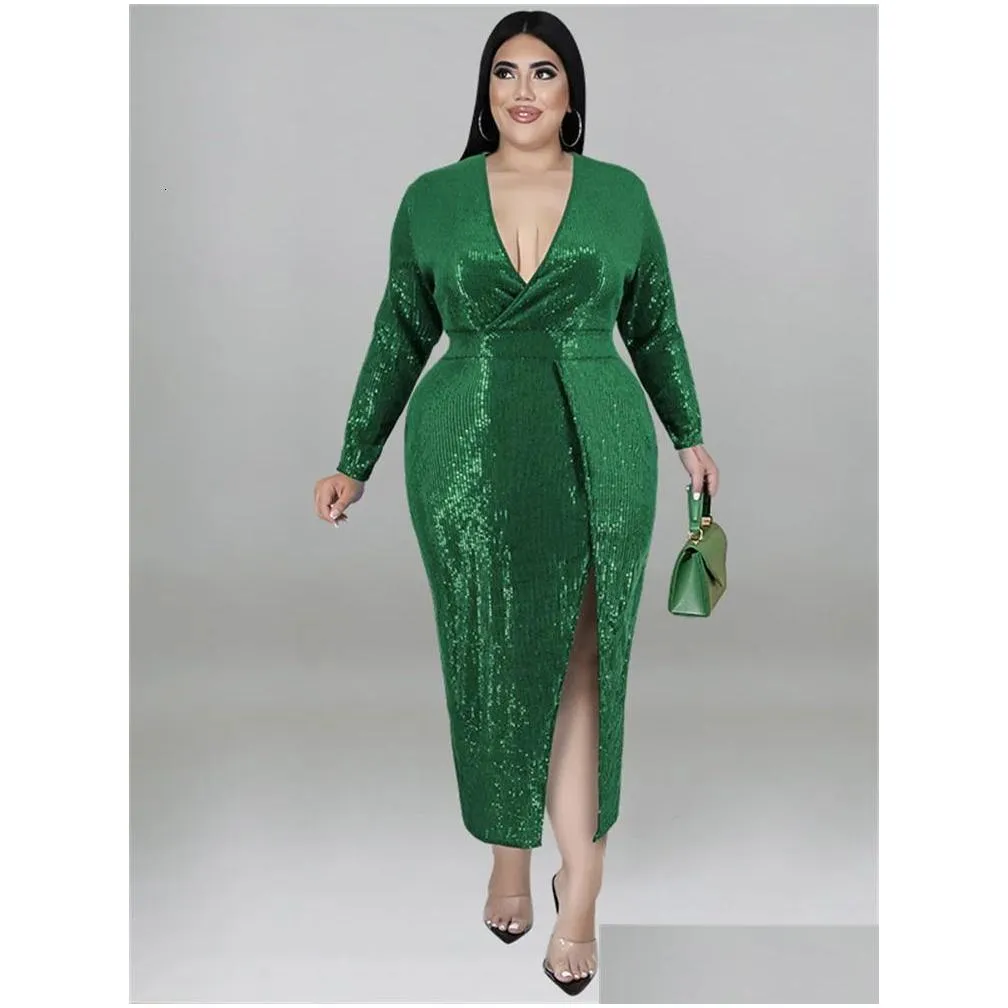 Plus size Dresses Wmstar Size Women Clothing Sequins Party Fall V Neck Bodycon Elegant Sexy Evening Midi Dress Wholesale Drop 231127