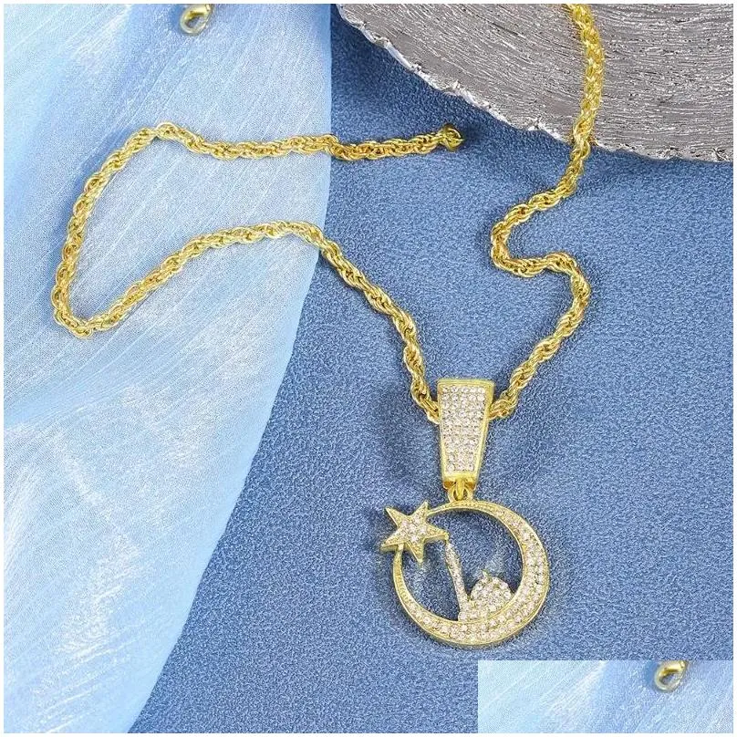 Pendant Necklaces Unisex Glamorous Hip Hop Moon Lighthouse Star Necklace Matching With 4mm Wide Rope Chain Or Tennis For Fashion Jew