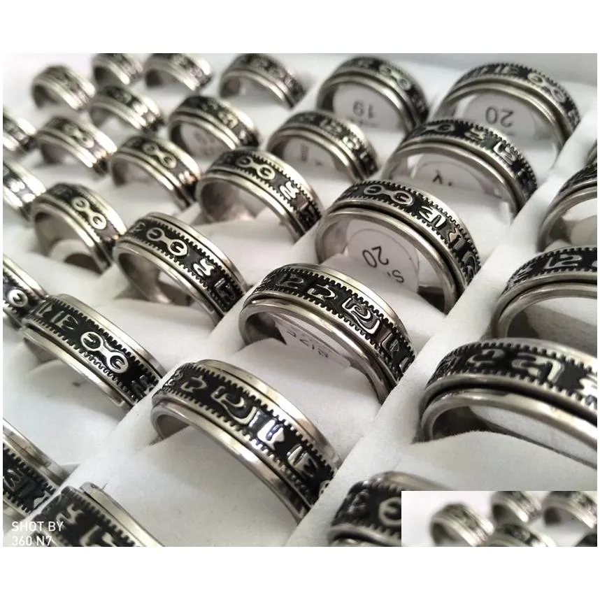 20pcs retro carved buddhist scriptures the six words mantra spin stainless steel spinner ring men women unique lucky jewelry hot brand