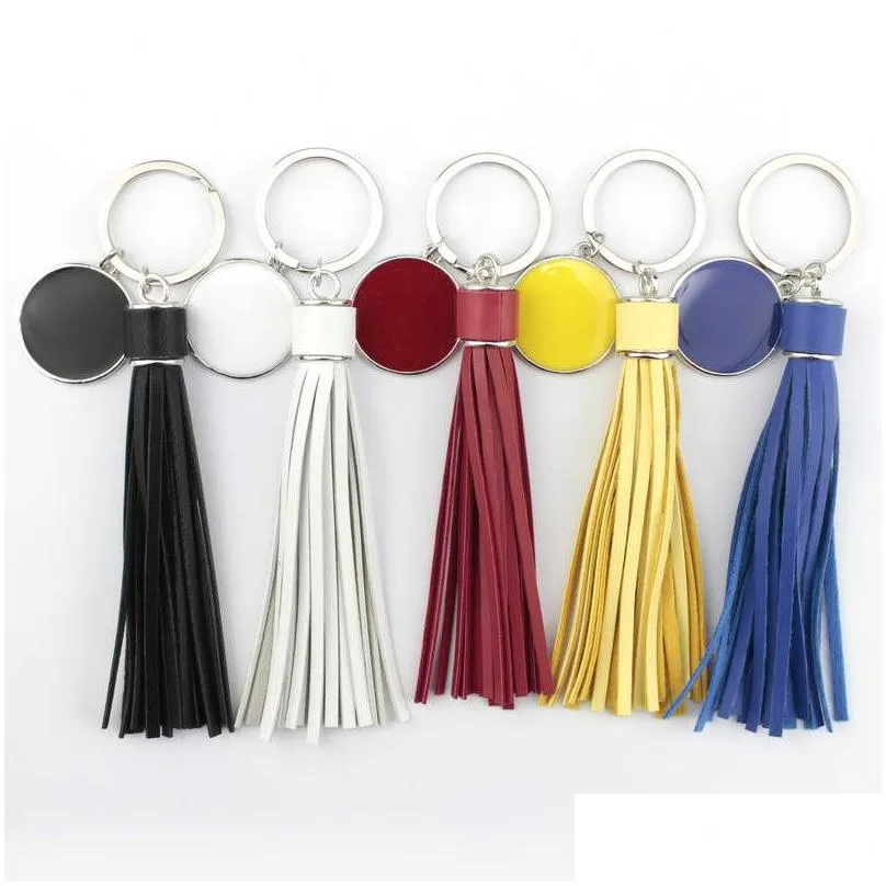 Keychains Fashion Silver Round Pompom PU Leather Tassel Keychain Bag Charms Key Ring Personalized Enamel Jewelry Valentines Day1
