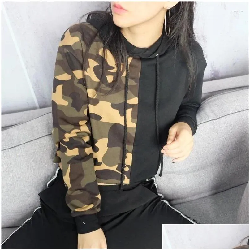 Women`s Hoodies Fashion Camouflage Patchwork Hoddies Sweatshirts Women Crop Top Military Pullovers Tops TA888