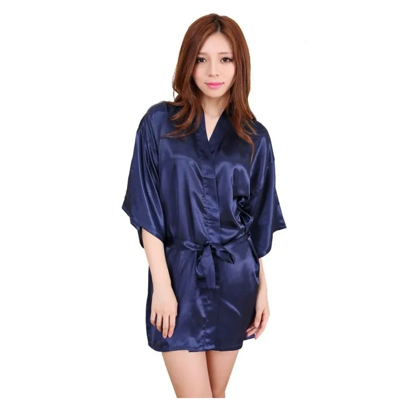 Wholesale- Women Sexy Large Size Faux Silk Satin Night Kimono Robe Short Bathrobe Perfect Wedding Bride Bridesmaid Robes Dressing Gown