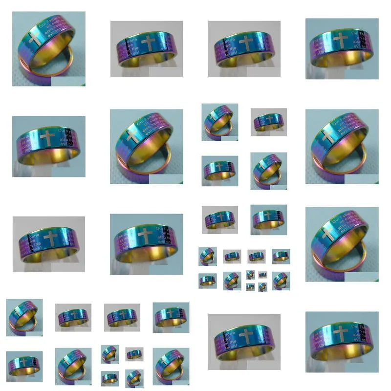 25pcs english lord`s prayer cross rings mens rainbow stainless steel jewelry lots free shipping