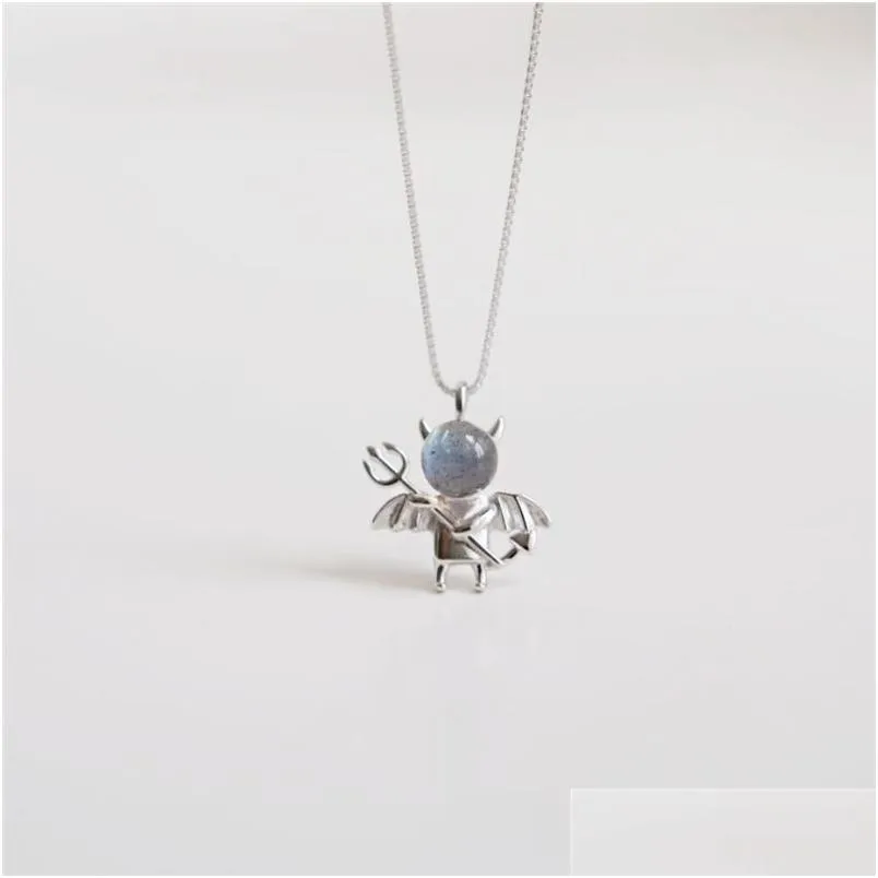 moonstone sweet cute little devil pendant necklace 925 sterling silver clavicle chain female jewelry