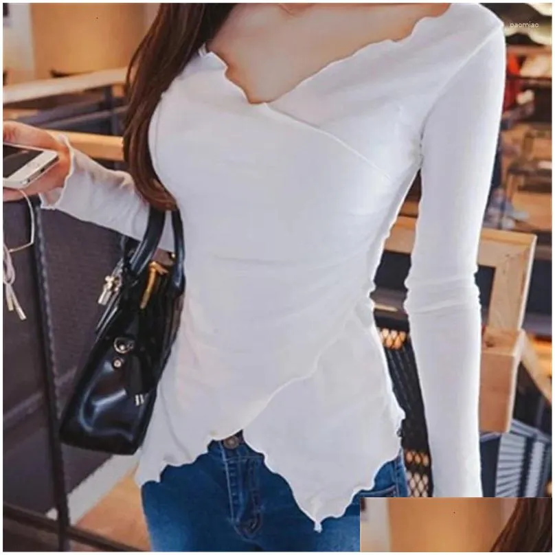 Women`s T Shirts LIBERJOG Women Cotton Slim Long Sleeve Pullover V-neck Tees Sexy High Stretch Vintage Tops Female Soft Comfortable