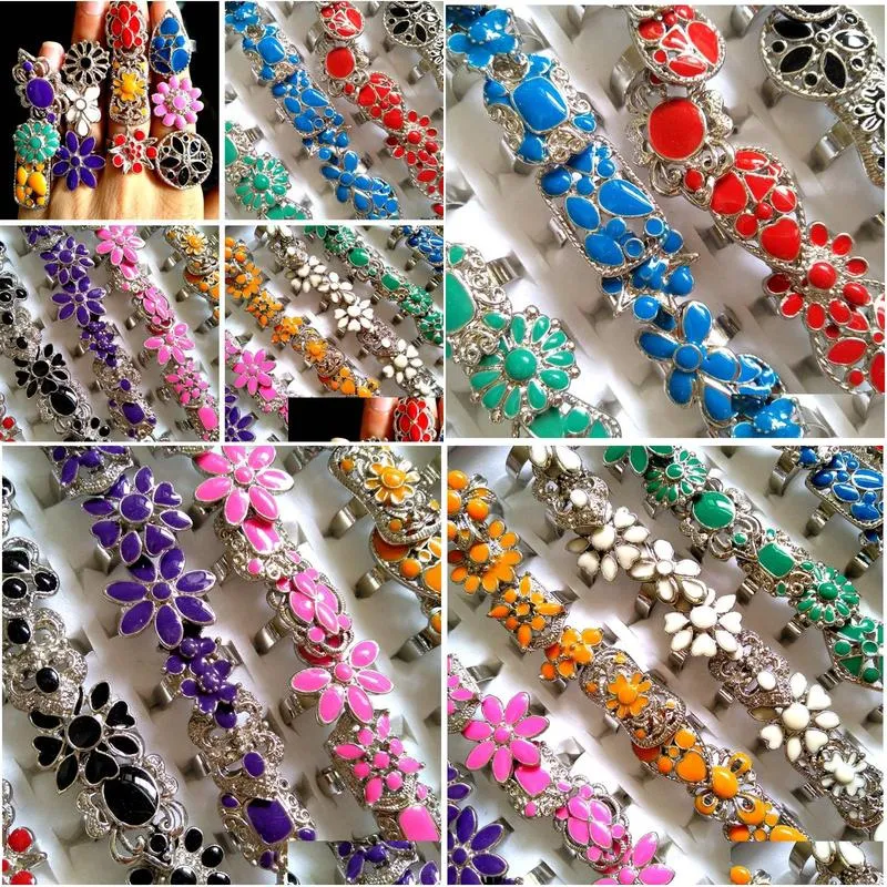 50pcs colorful beautiful women charm enamel flower rings size adjusted ladies girls party rings birthday gift wholesale hot jewelry