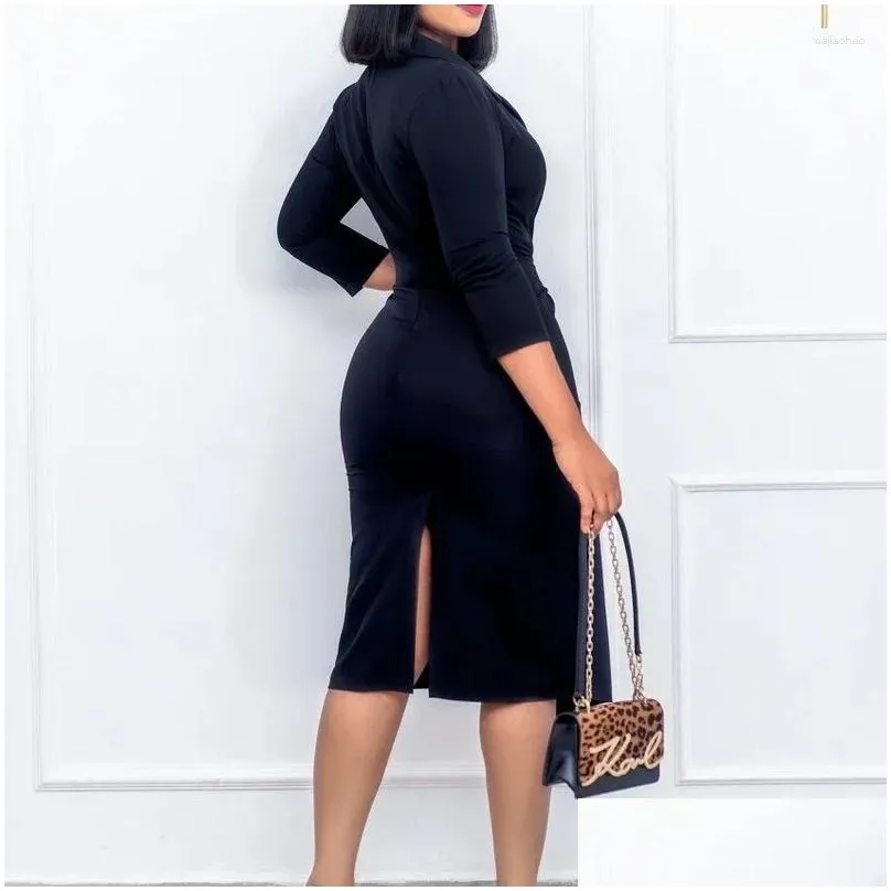 Plus Size Dresses Women Elegant Bodycon Button Three Quater Sleeves Classy Modext Office Ladies African Female Party Robes