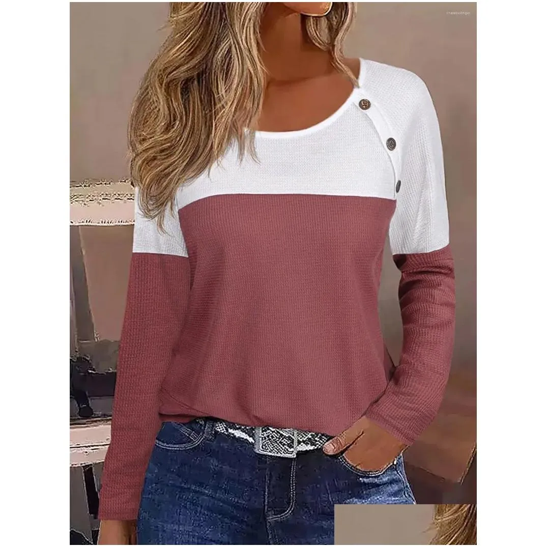 Women`s T Shirts 2023 Autumn Winter Color Block Button Long Sleeve Blouse Women Casual Loose Elegant Gorgeous Extraordinary Simple