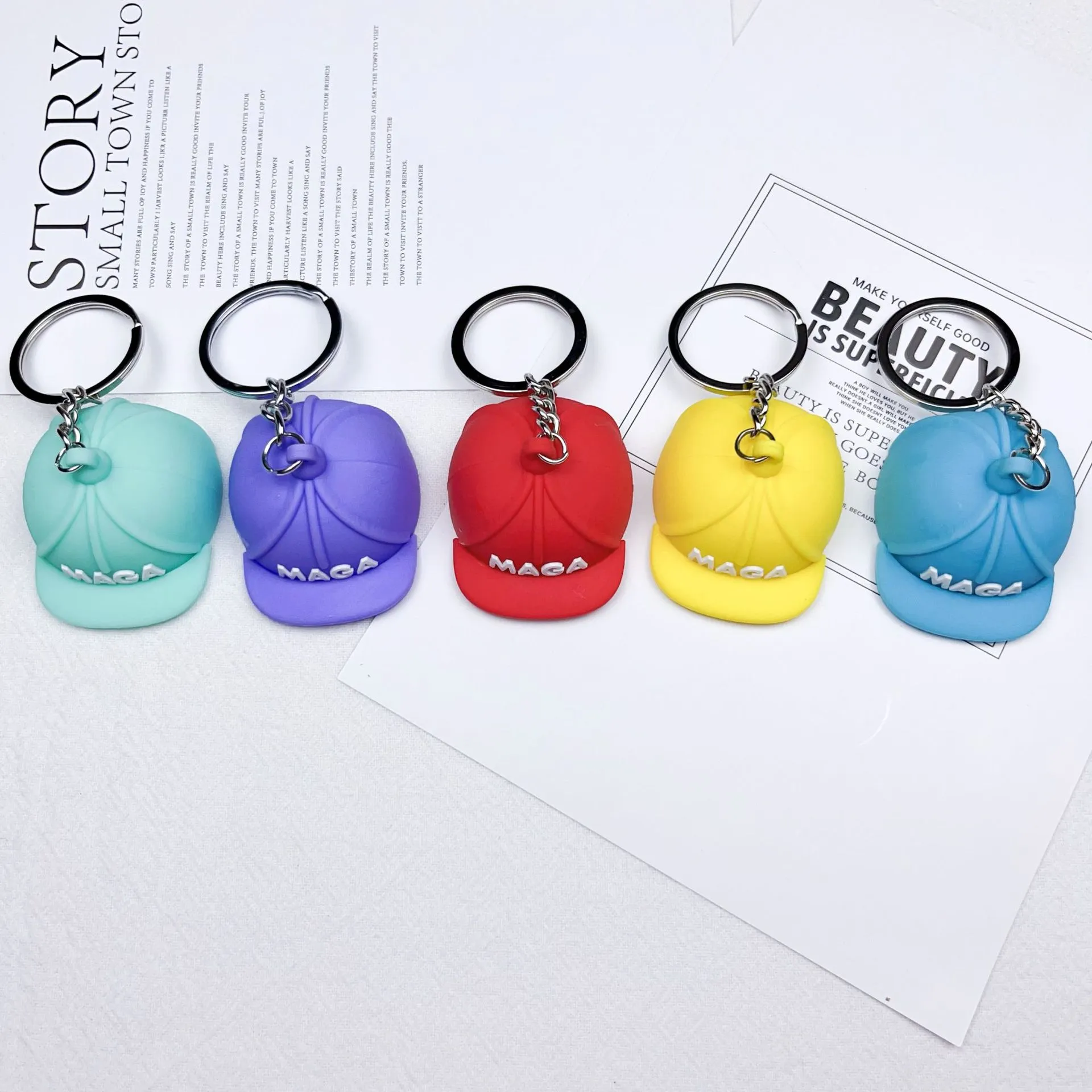 Macaron Cartoon Trump Cap Keychain Cute Car accessories Rubber keychains