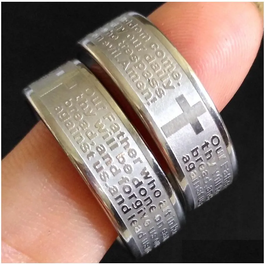 25pcs etched silver mens english lord`s prayer stainless steel cross rings religious rings men`s gift wholesale jewelry lots free