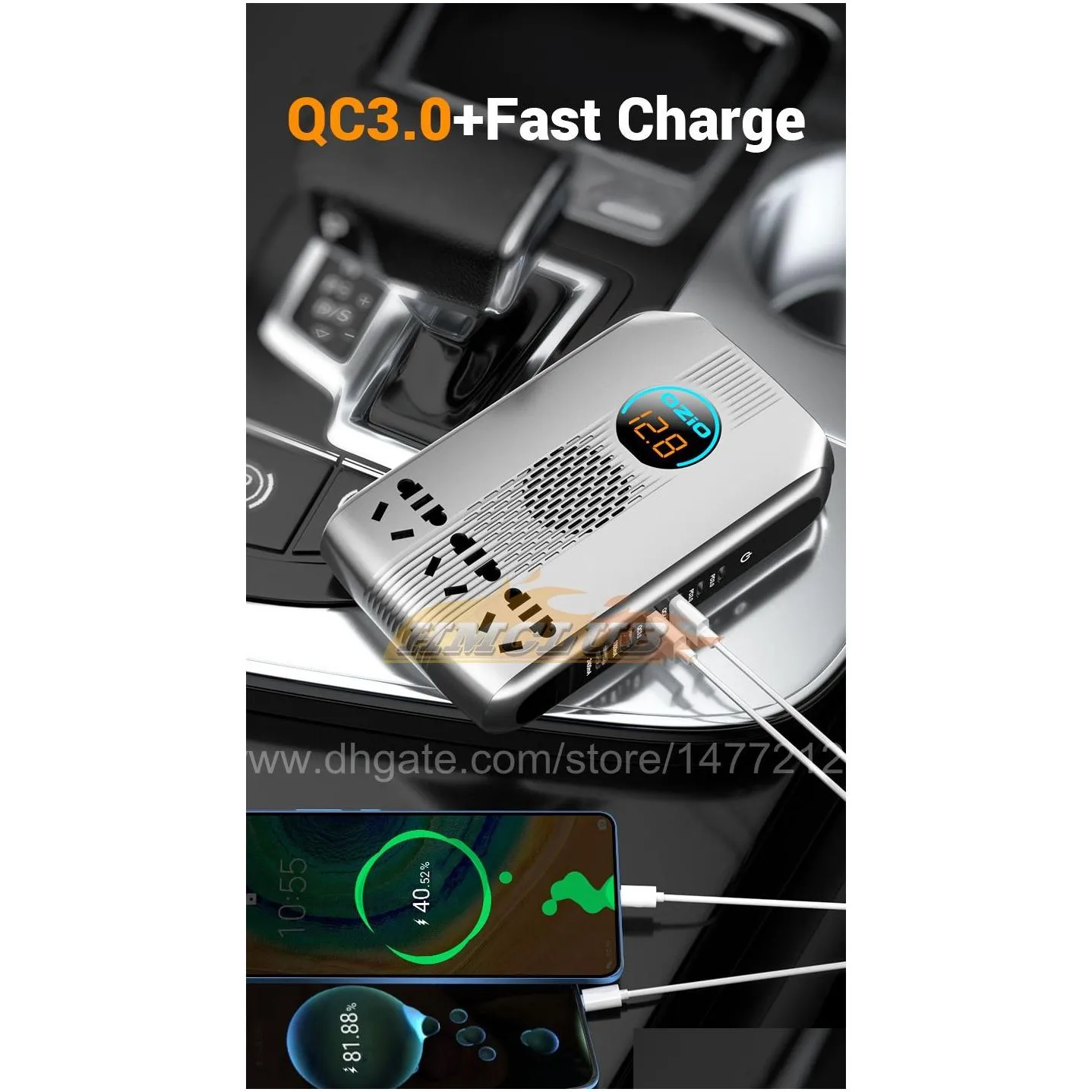 CC352 200W 6 USB Car  Quick Charging 12V 24V Car Inverter PD QC 3.0 USB Car Phone  Fast Charging with Cigarette Lighter