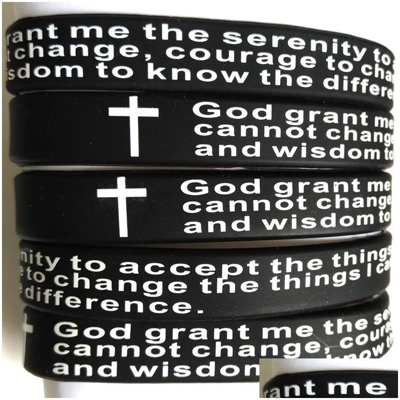 50pcs black bible jesus serenity prayer silicone bracelets men wristband women religious faith soft rubber bangle xmas gift hot sale