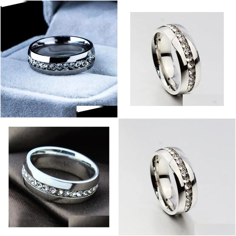 30pcs silver comfort fit rhinestone zircon stainless steel wedding rings full circle with cz wholesale jewelry lots