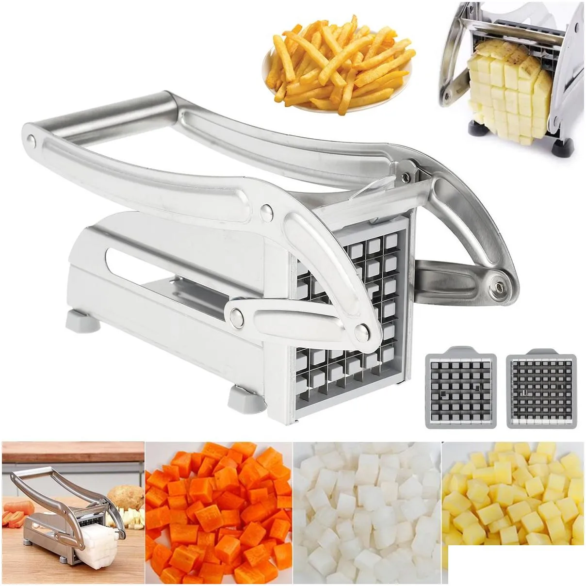 Fruit Vegetable Tools Stainless Steel French Fry Cutter Potato Slicer Multifunction Chopper with 2 Blades for Tomato Cooking 230728