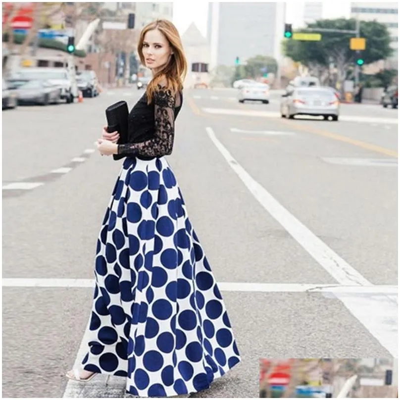 Skirts Vintage Zipper High Waist Polka Dots Printed Maxi Skirt Fall Casual Elegant Women Long Black/Blue/Red Pleated Skirtskirts Drop Dhjqy