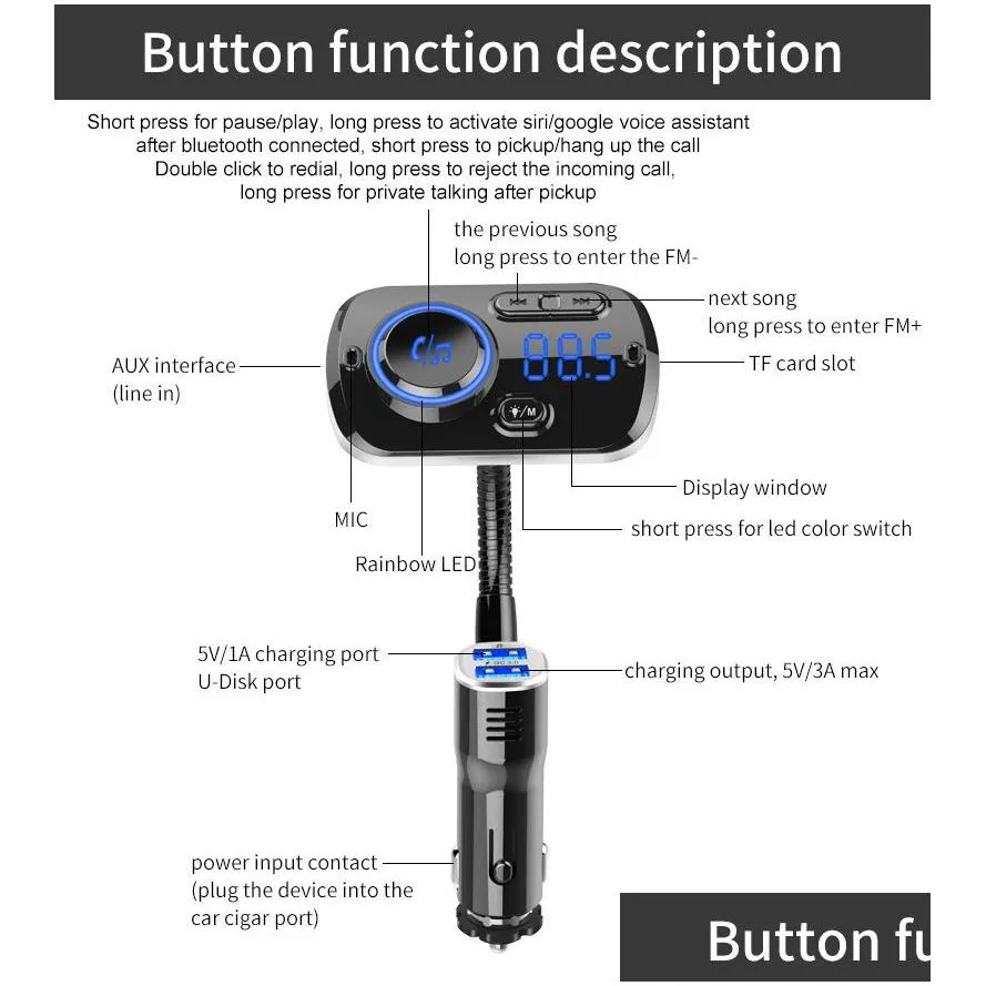 BC49AQ Bluetooth Car  Wireless Car Kit Mp3 Player Lcd Display Hands Free Calling Fm Support 2 Mobile Phones Connection