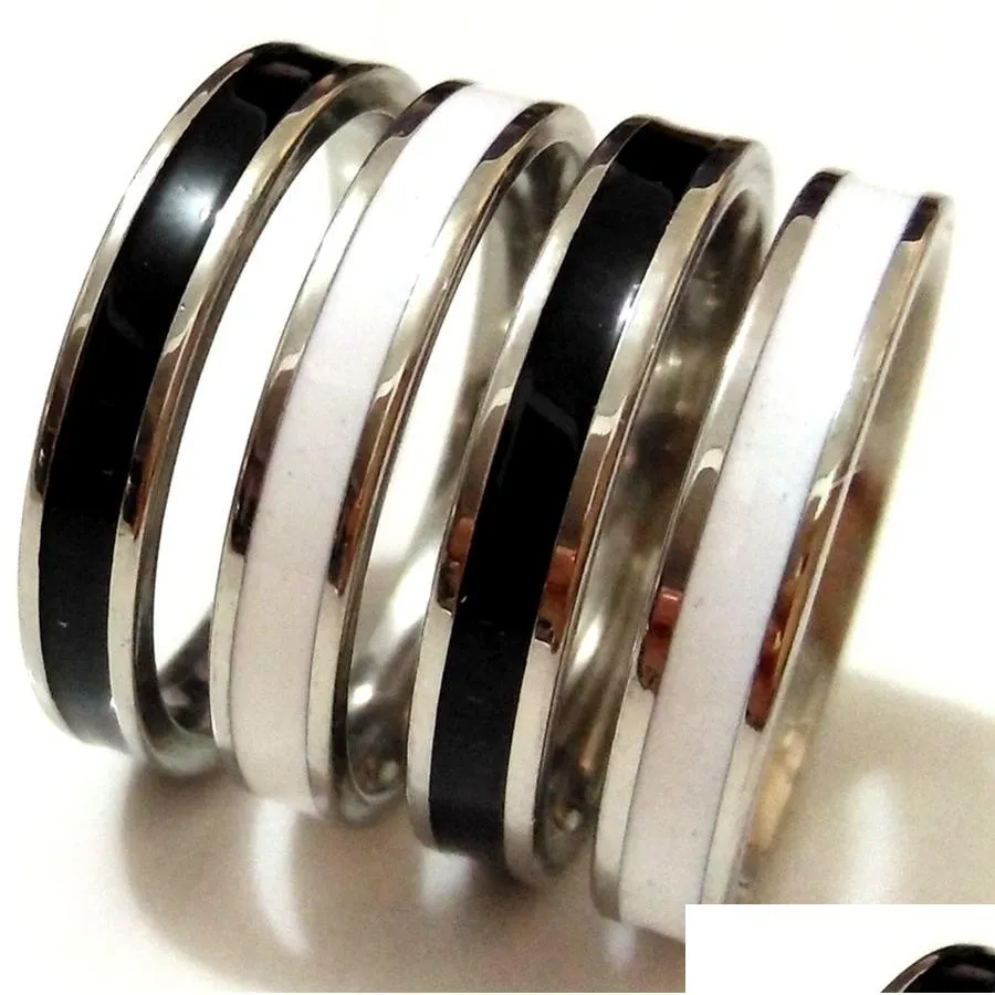 50pcs black white width 4mm enamel band 316l stainless steel fashion rings men women comfortable quality jewelry party friendship gift