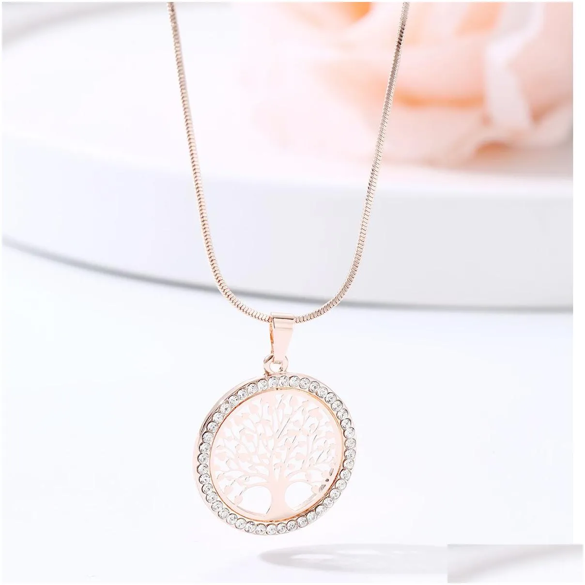 tree of life crystal round small pendant necklace gold silver rose colors elegant women jewelry gifts