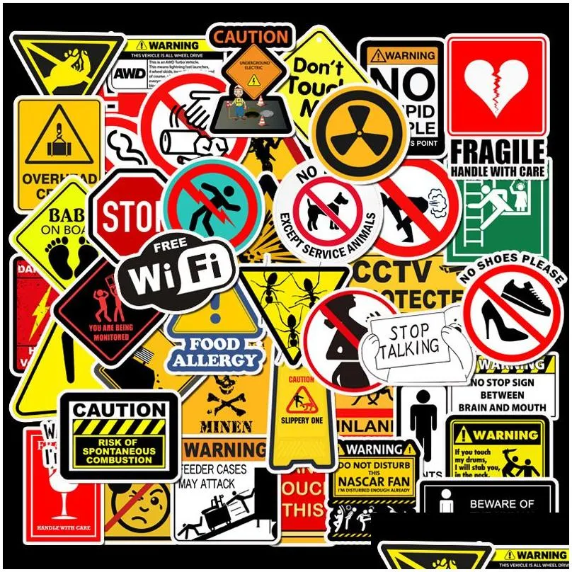 50pcsSet Warning Stickers Danger Banning Signs Reminder Waterproof Decal Sticker to DIY Laptop Motorcycle Luggage Snowboard Car4765509