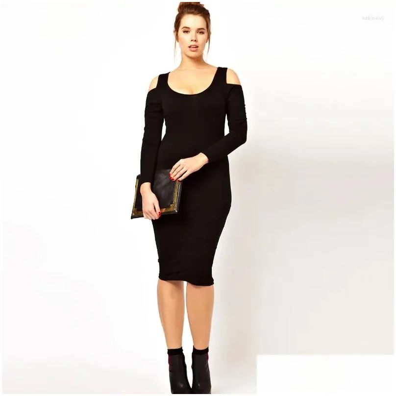 Plus Size Dresses Off Shoulder Sexy Bodycon Dress Women Long Sleeve Solid Black Elegant Fashion Midi Pencil Spring Party 6XL