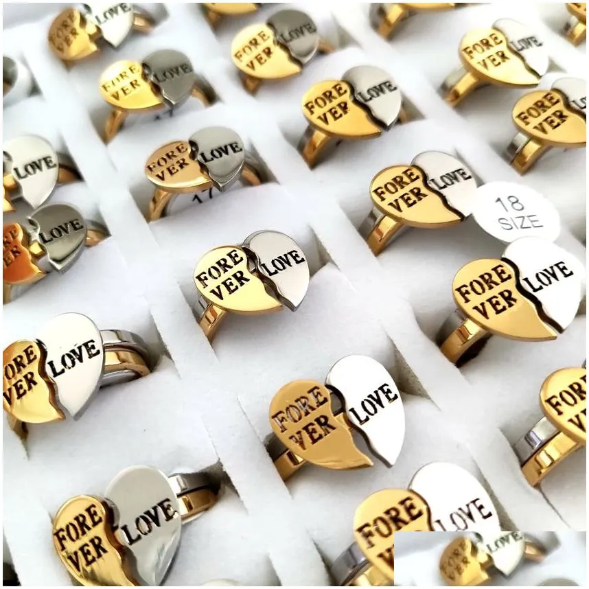24pcs(12sets) heart shape love couple ring set forever love promise wedding engagement rings for lovers stainless steel jewelry anniversary