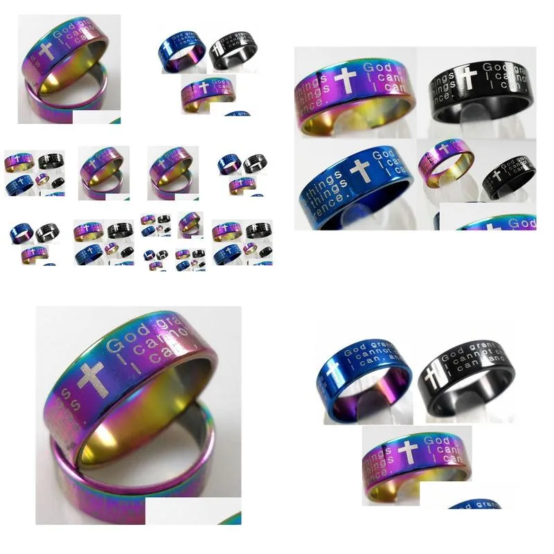 25pcs color mix serenity prayer stainless steel cross rings men women fashion rings wholesale religious jesus jewelry lots
