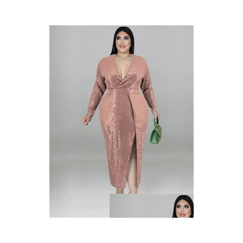 Plus size Dresses Wmstar Size Women Clothing Sequins Party Fall V Neck Bodycon Elegant Sexy Evening Midi Dress Wholesale Drop 231127