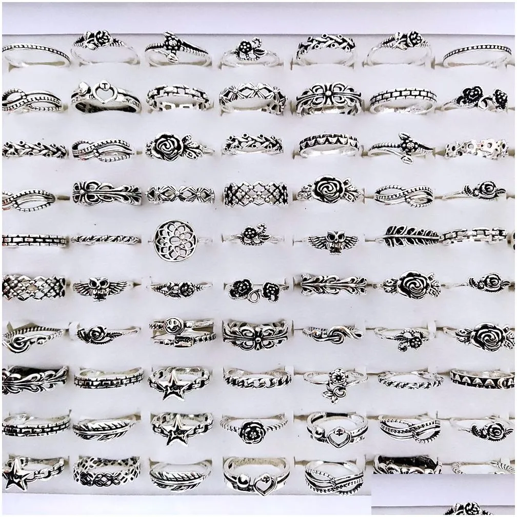 bulk lots 100pcs antique silver multi-styles mix charm ring for women vintage ladies flower bohemian finger ring retro jewelry 2021
