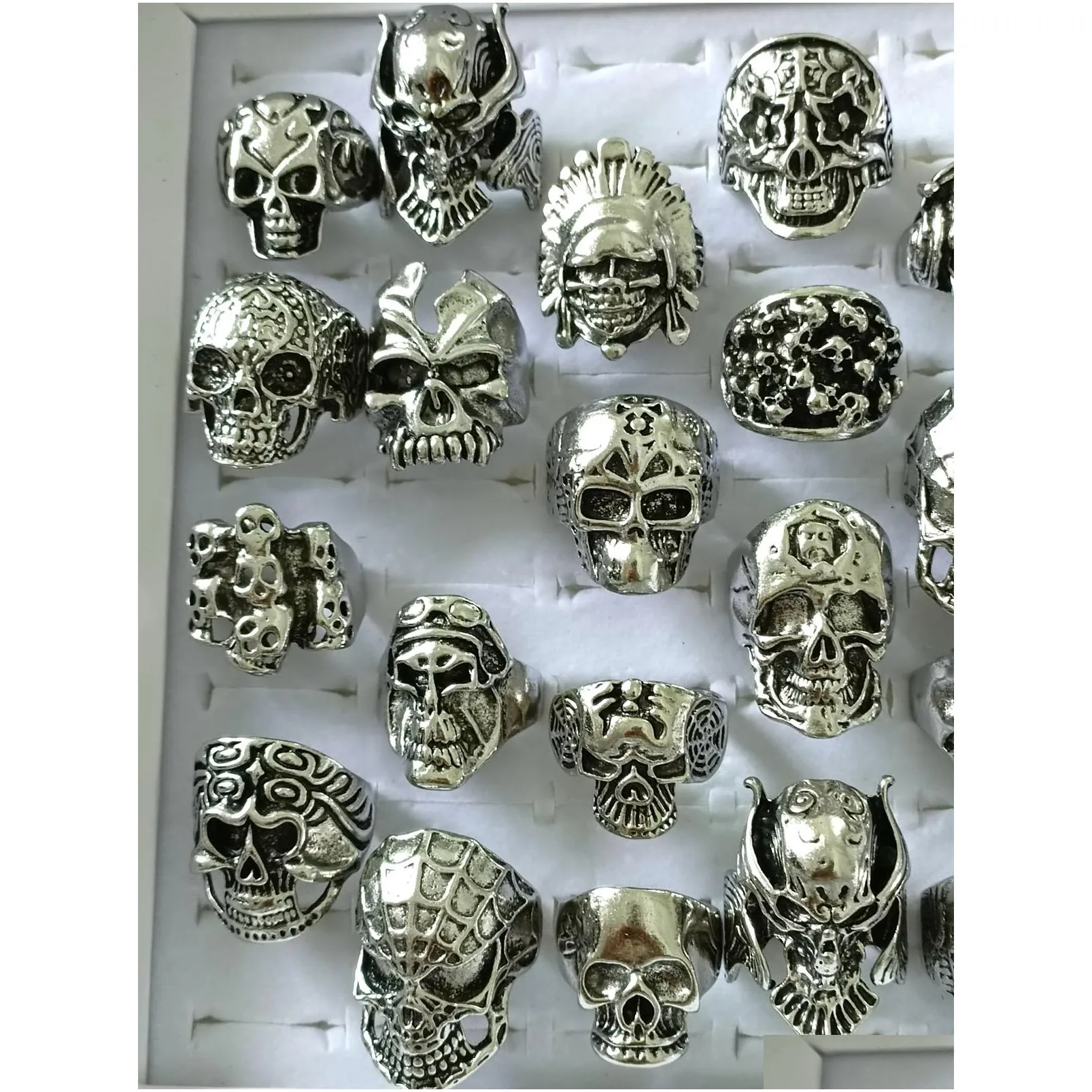 20pcs assort big head skull gothic metal ring wholesale punk style rings for men sz 18-21mm