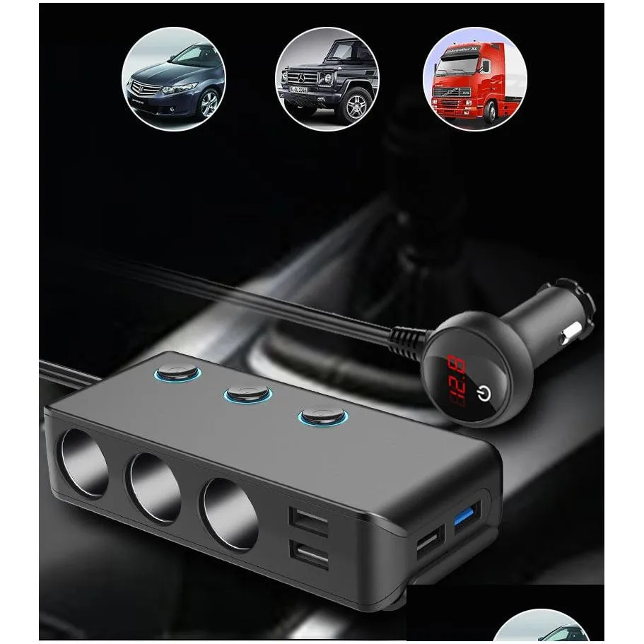 QC3.0 Cigarette Lighter Splitter 4 USB Ports 120W Car  12V/24V Universal 3 Socket Power Adapter with three Switch HC67A