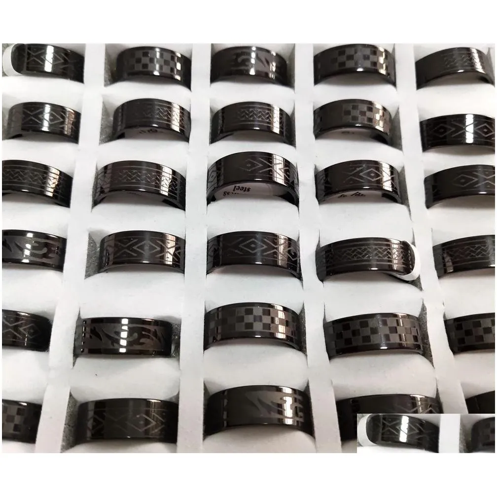 30pcs/lot wholesale 8mm stainless steel ring etched pattern trendy multi-styles mix men women fashion rings