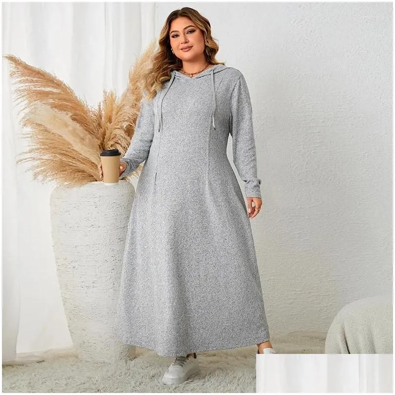 Plus Size Dresses Autumn Winter Style 3XL 4XL Women Clothing Long Sleeve Hat Solid Grey Maxi Dress Polyester Slim Hooded Casual