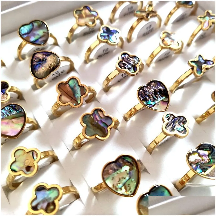 25pcs cute shape gold shell ring heart flower butterfly head stainless steel charm rings women wedding party jewelry