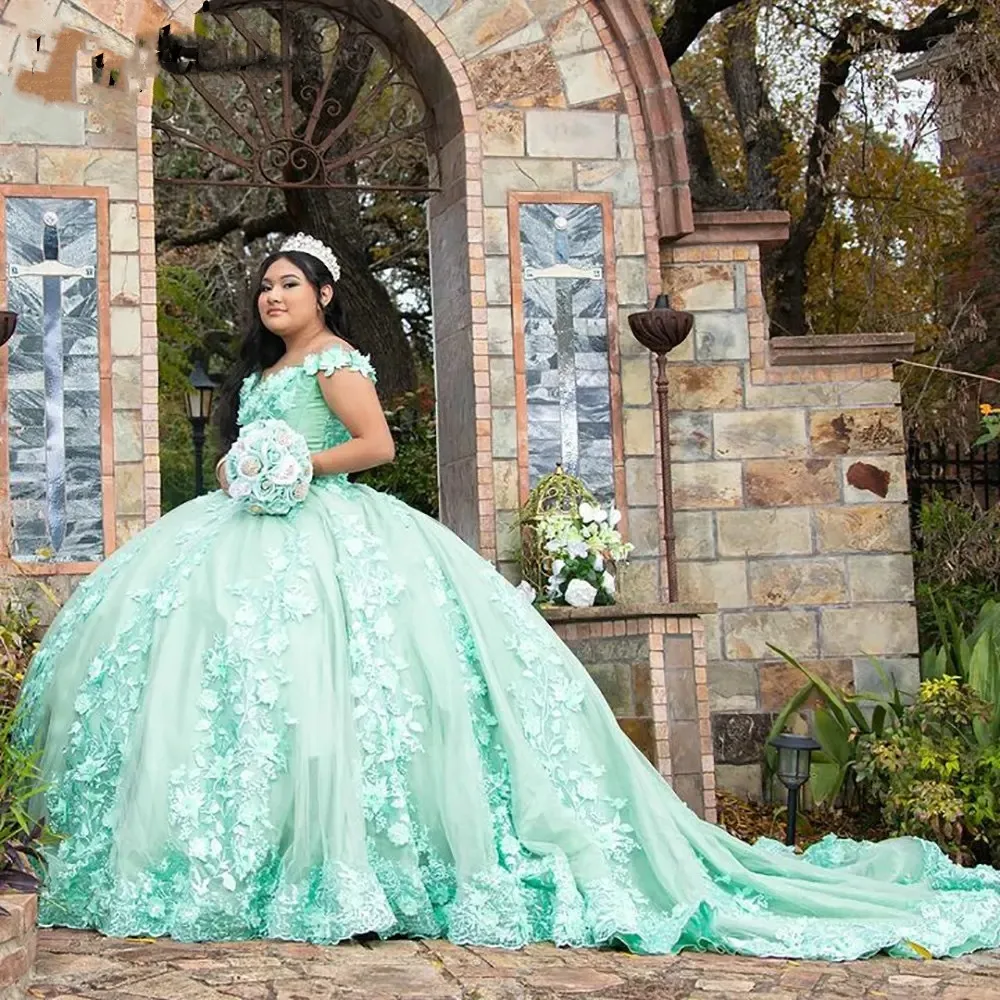 Mint Green 3D Flowers Off The Shoulder Quinceanera Dress Ball Gown Appliques Lace Princess Sweet 15 16 Formal Birthday Party Wears