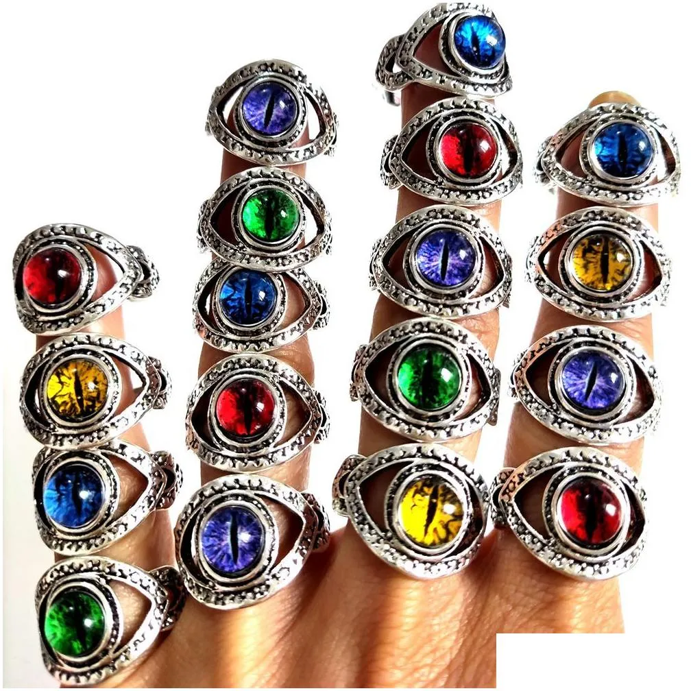 hot 30pcs/lot punk jewelry evil eye ball ring multicolor gothic eye hollow engagement ring for women retro silver men demon rings