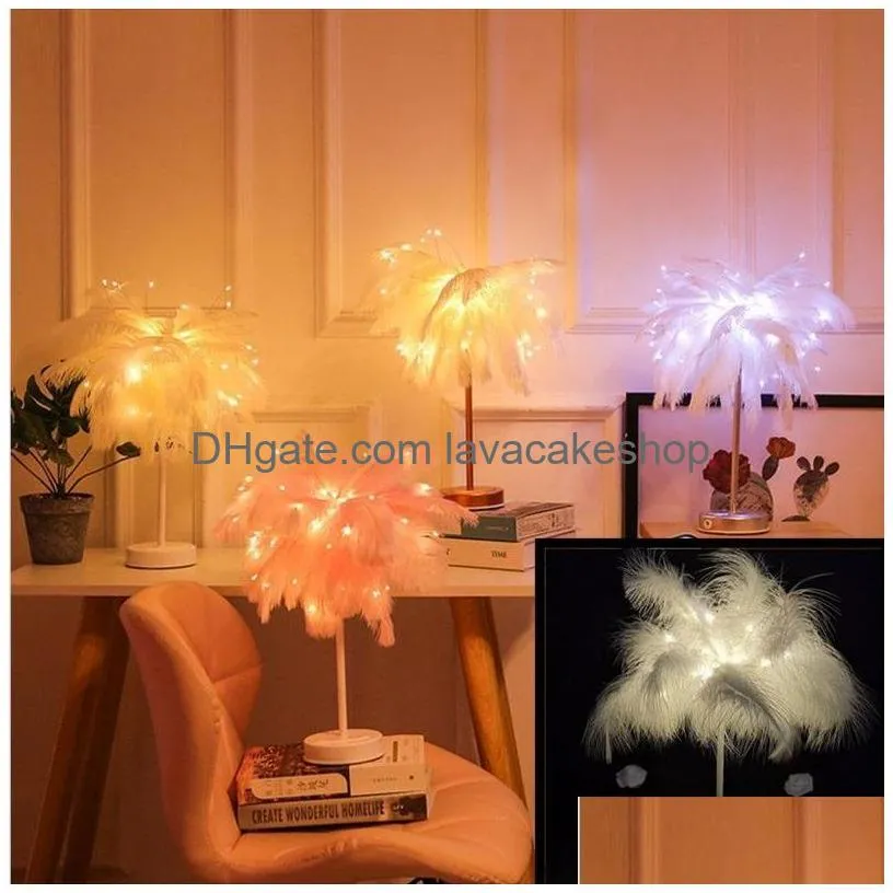 led feather lamp feather desk lampromantic room decoration lamp net red remote control night light party decorative lights t9i00946