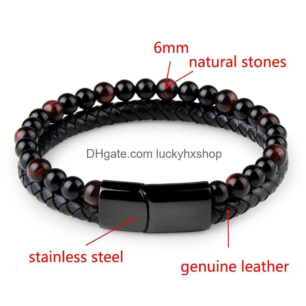 chain natural stone bracelets genuine leather braided black stainless steel magnetic clasp tiger eye bead bangle men jewelry 230508