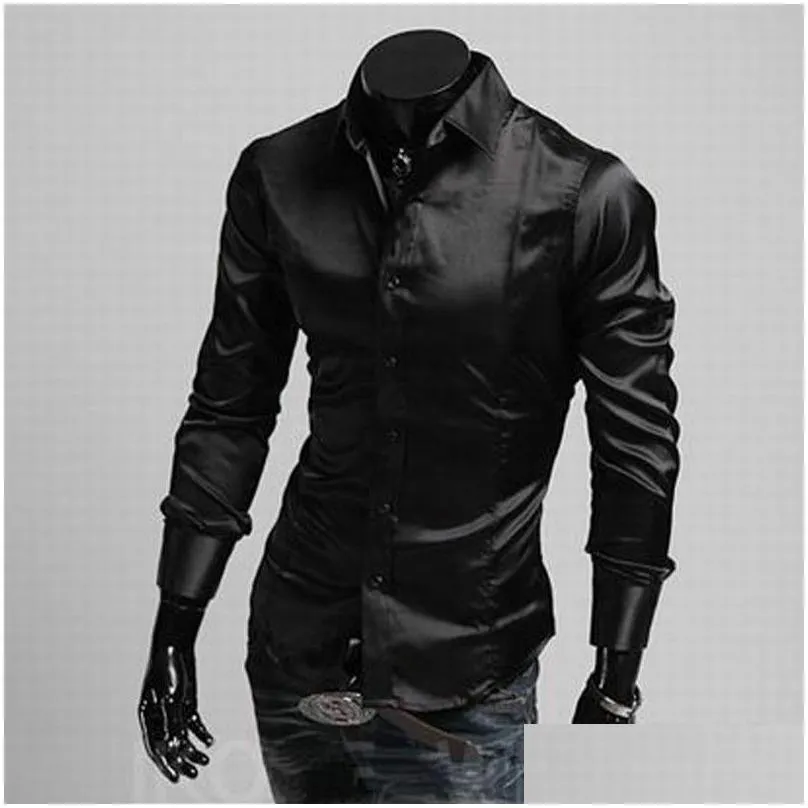 Men`S Dress Shirts 2119 New Style Fashion Mens Silk Shirt Solid Long Sleeve Casual Formal Button Drop Delivery Apparel Clothing Dhomu