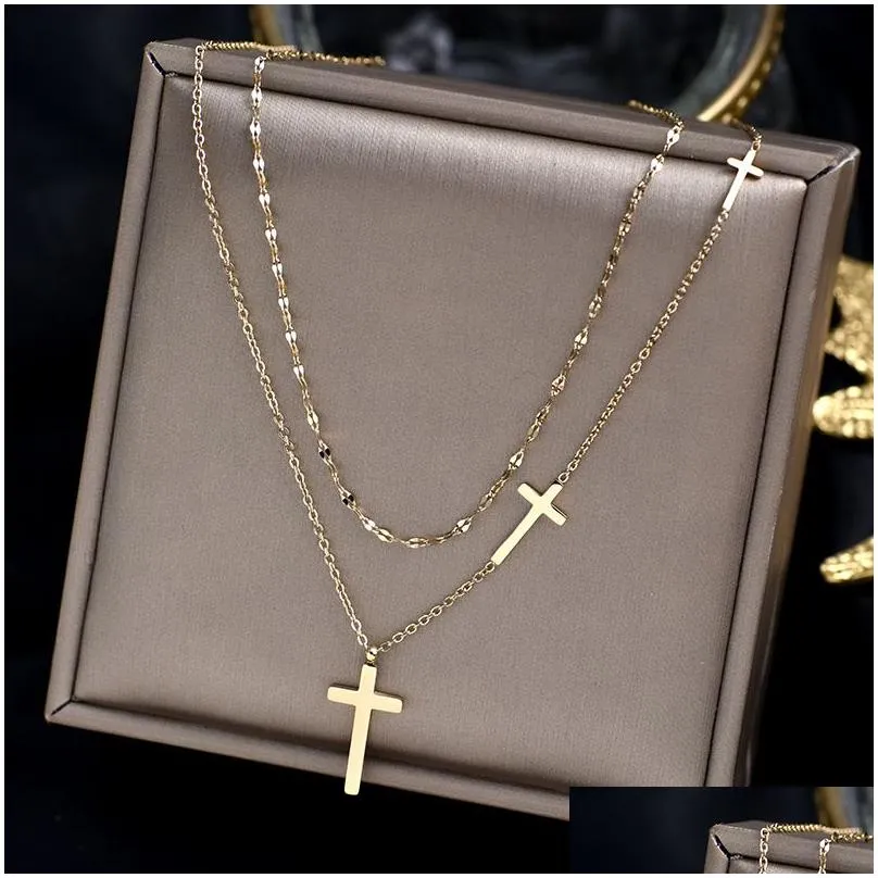 cross double layer necklace female chocker simple double layer cross necklace for women 316l stainless steel no fade